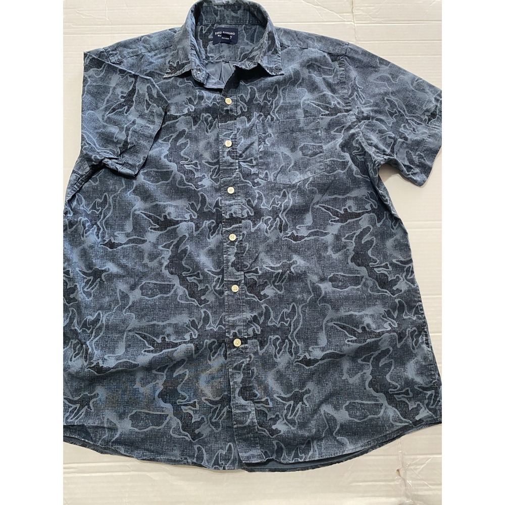Reed‎ Edward Washed Shirting Men's L Blue And Grey Camo Print Short Sleeve Shirt